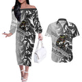 Penrith Panthers Rugby Couples Matching Off The Shoulder Long Sleeve Dress and Hawaiian Shirt Fierce Mascot Geometric Tribal Art