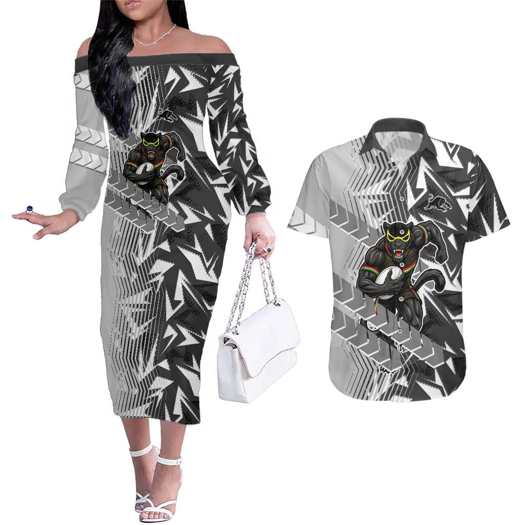 Penrith Panthers Rugby Couples Matching Off The Shoulder Long Sleeve Dress and Hawaiian Shirt Fierce Mascot Geometric Tribal Art