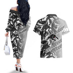 Penrith Panthers Rugby Couples Matching Off The Shoulder Long Sleeve Dress and Hawaiian Shirt Fierce Mascot Geometric Tribal Art