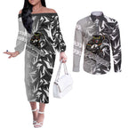 Penrith Panthers Rugby Couples Matching Off The Shoulder Long Sleeve Dress and Long Sleeve Button Shirt Fierce Mascot Geometric Tribal Art