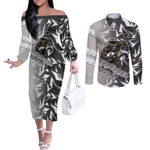 Penrith Panthers Rugby Couples Matching Off The Shoulder Long Sleeve Dress and Long Sleeve Button Shirt Fierce Mascot Geometric Tribal Art