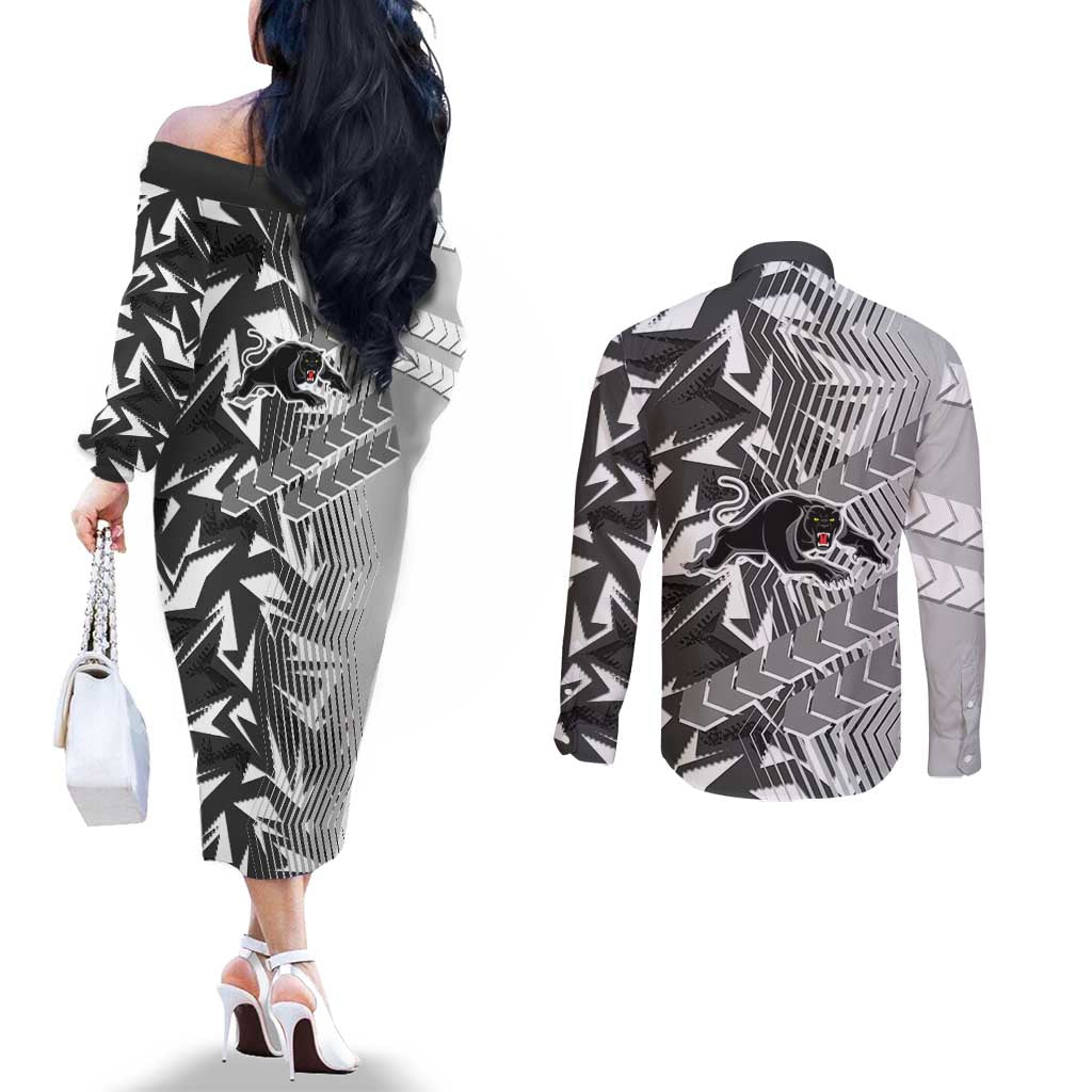 Penrith Panthers Rugby Couples Matching Off The Shoulder Long Sleeve Dress and Long Sleeve Button Shirt Fierce Mascot Geometric Tribal Art