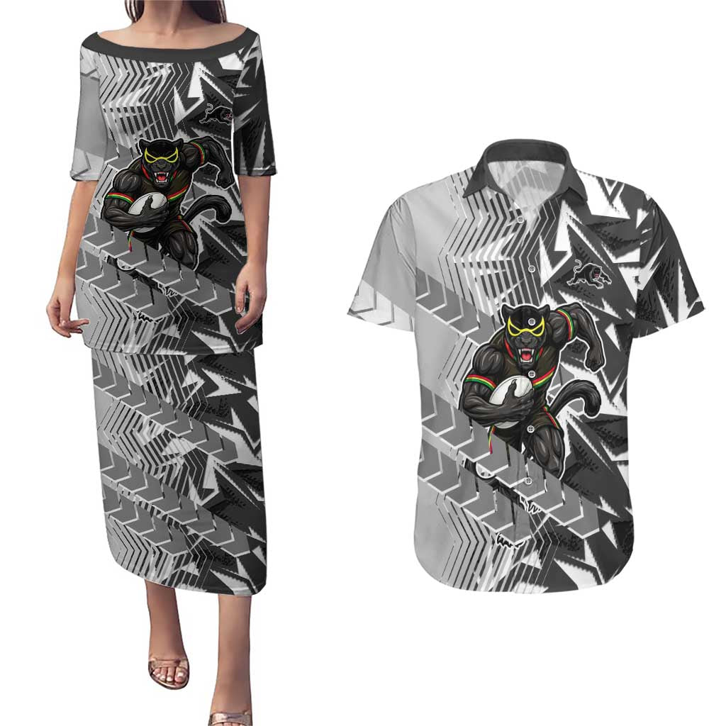Penrith Panthers Rugby Couples Matching Puletasi and Hawaiian Shirt Fierce Mascot Geometric Tribal Art
