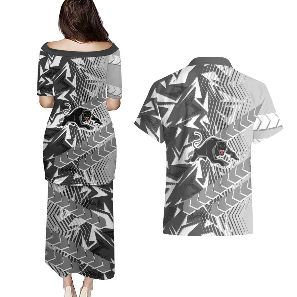 Penrith Panthers Rugby Couples Matching Puletasi and Hawaiian Shirt Fierce Mascot Geometric Tribal Art