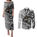 Penrith Panthers Rugby Couples Matching Puletasi and Long Sleeve Button Shirt Fierce Mascot Geometric Tribal Art