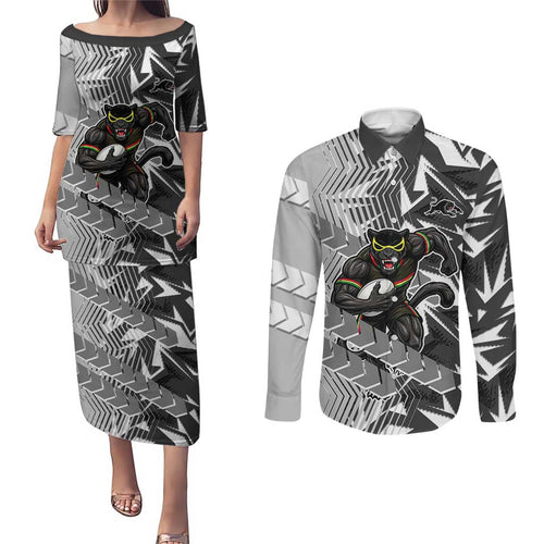 Penrith Panthers Rugby Couples Matching Puletasi and Long Sleeve Button Shirt Fierce Mascot Geometric Tribal Art