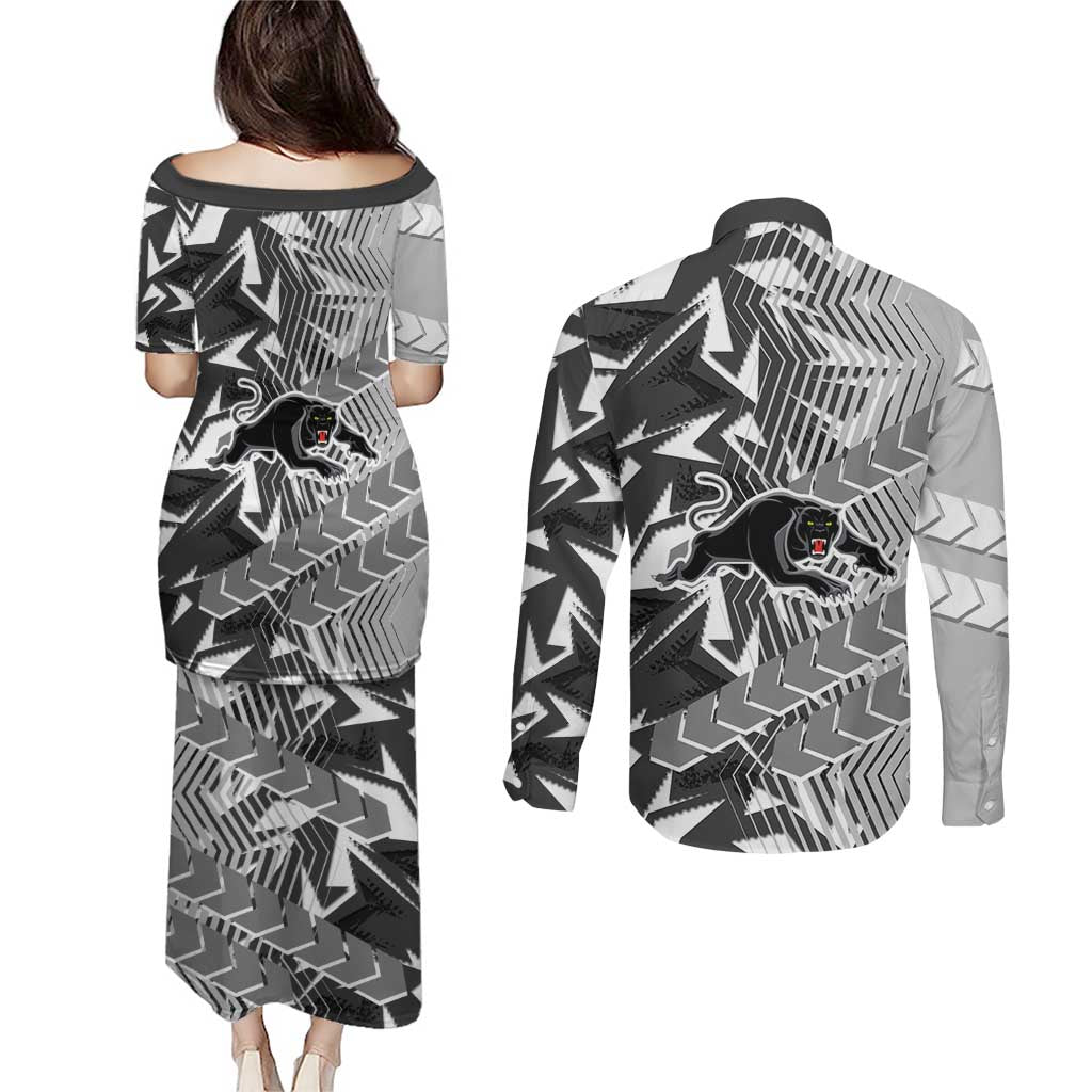 Penrith Panthers Rugby Couples Matching Puletasi and Long Sleeve Button Shirt Fierce Mascot Geometric Tribal Art