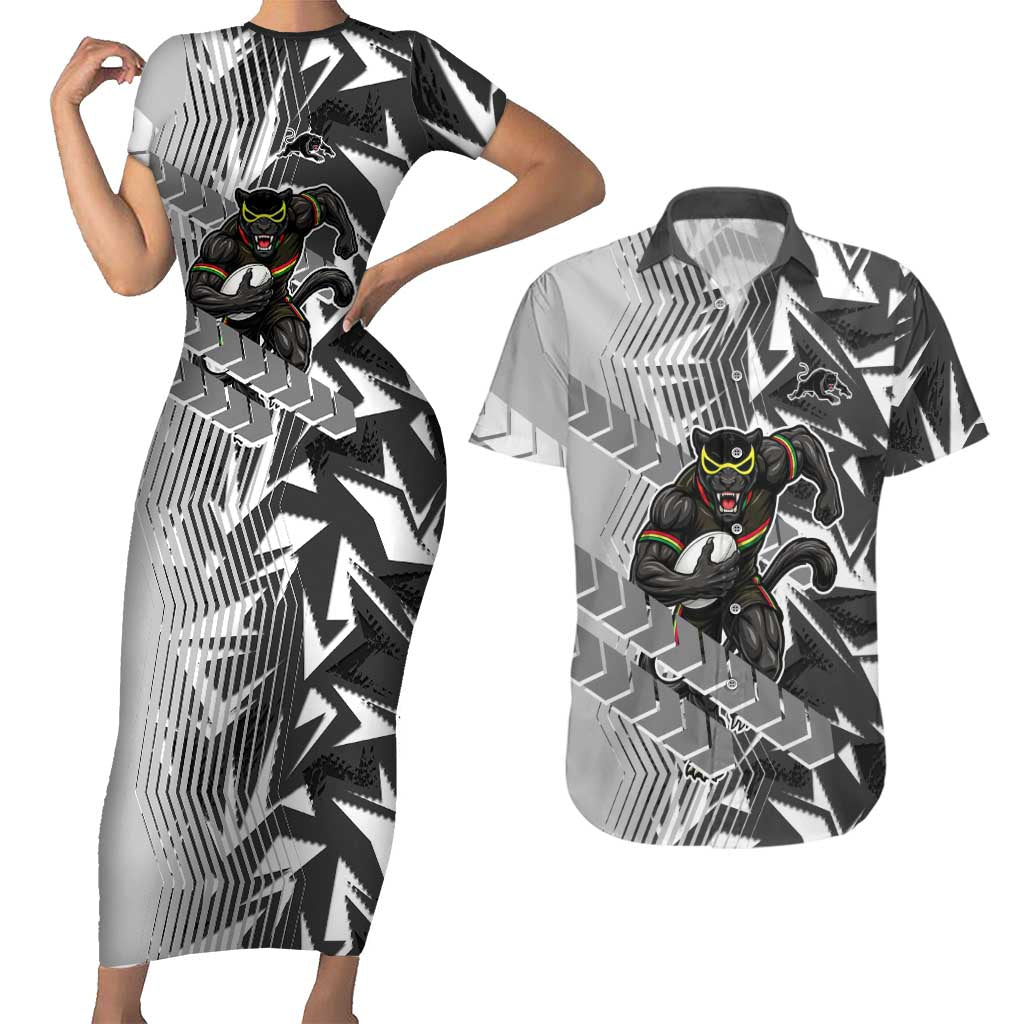 Penrith Panthers Rugby Couples Matching Short Sleeve Bodycon Dress and Hawaiian Shirt Fierce Mascot Geometric Tribal Art