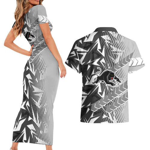 Penrith Panthers Rugby Couples Matching Short Sleeve Bodycon Dress and Hawaiian Shirt Fierce Mascot Geometric Tribal Art