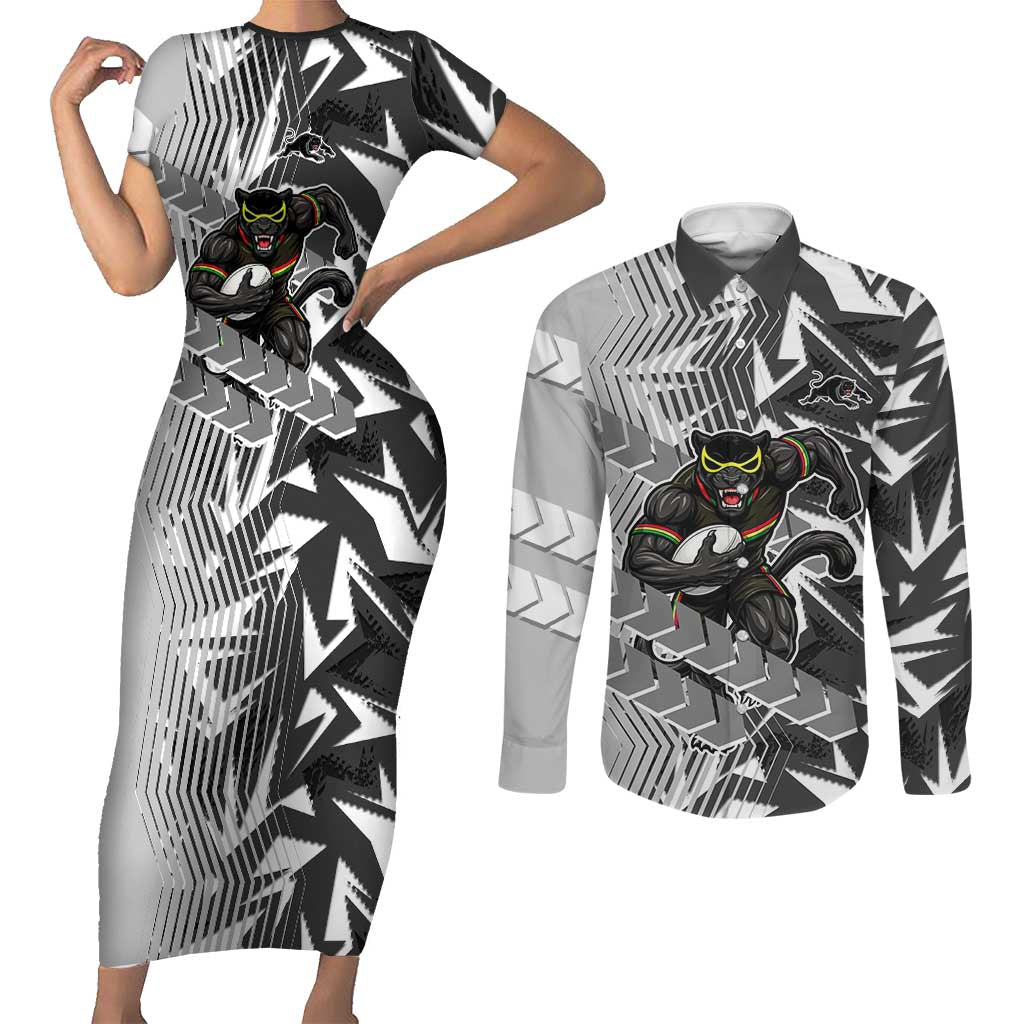 Penrith Panthers Rugby Couples Matching Short Sleeve Bodycon Dress and Long Sleeve Button Shirt Fierce Mascot Geometric Tribal Art