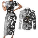 Penrith Panthers Rugby Couples Matching Short Sleeve Bodycon Dress and Long Sleeve Button Shirt Fierce Mascot Geometric Tribal Art