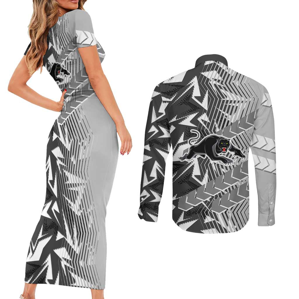 Penrith Panthers Rugby Couples Matching Short Sleeve Bodycon Dress and Long Sleeve Button Shirt Fierce Mascot Geometric Tribal Art