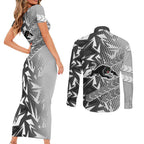 Penrith Panthers Rugby Couples Matching Short Sleeve Bodycon Dress and Long Sleeve Button Shirt Fierce Mascot Geometric Tribal Art