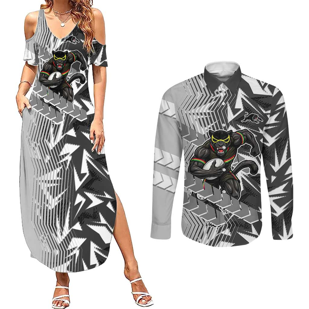 Penrith Panthers Rugby Couples Matching Summer Maxi Dress and Long Sleeve Button Shirt Fierce Mascot Geometric Tribal Art