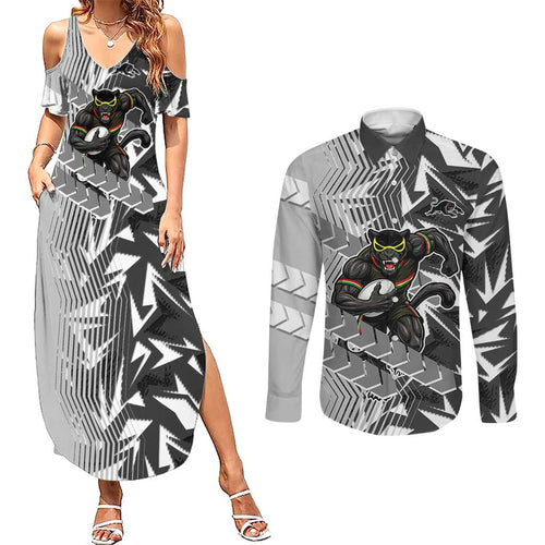 Penrith Panthers Rugby Couples Matching Summer Maxi Dress and Long Sleeve Button Shirt Fierce Mascot Geometric Tribal Art