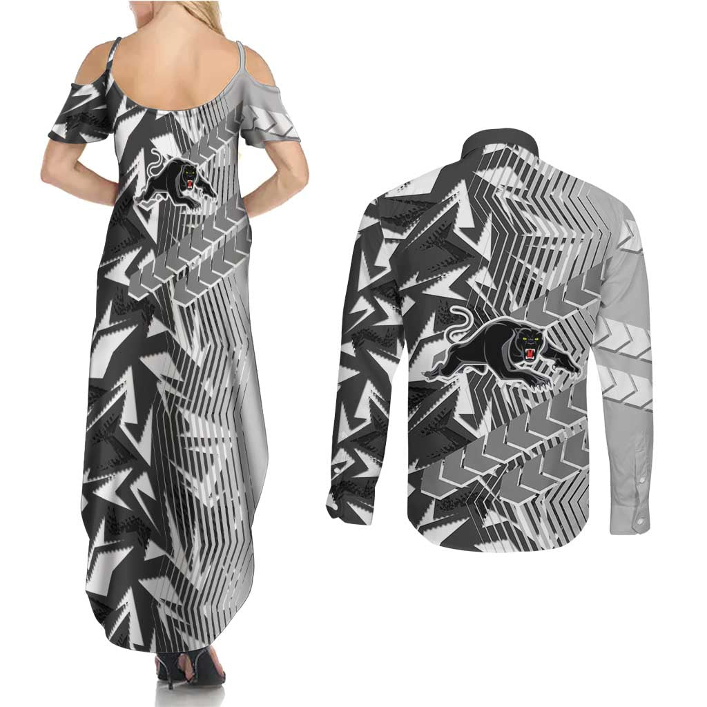 Penrith Panthers Rugby Couples Matching Summer Maxi Dress and Long Sleeve Button Shirt Fierce Mascot Geometric Tribal Art