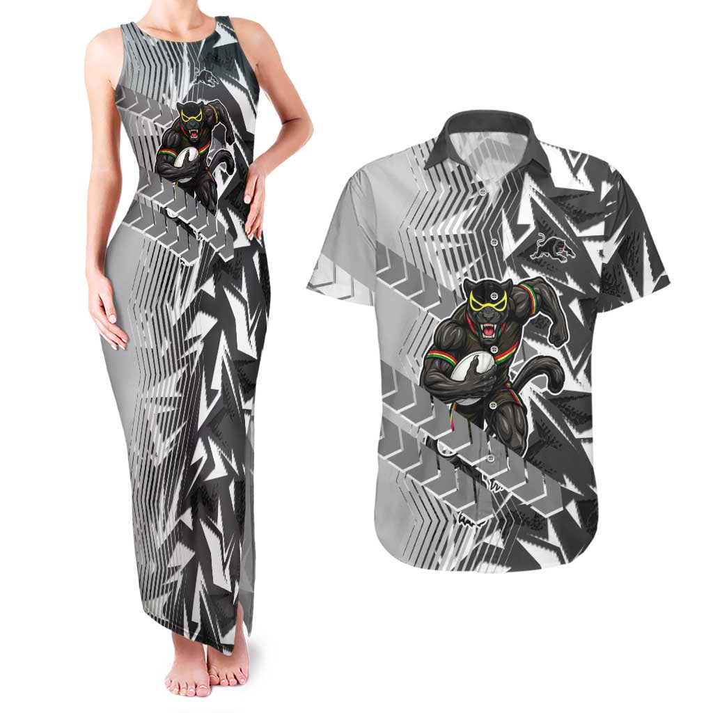 Penrith Panthers Rugby Couples Matching Tank Maxi Dress and Hawaiian Shirt Fierce Mascot Geometric Tribal Art