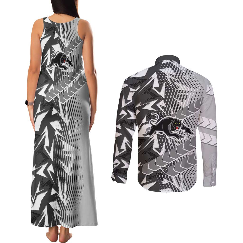 Penrith Panthers Rugby Couples Matching Tank Maxi Dress and Long Sleeve Button Shirt Fierce Mascot Geometric Tribal Art