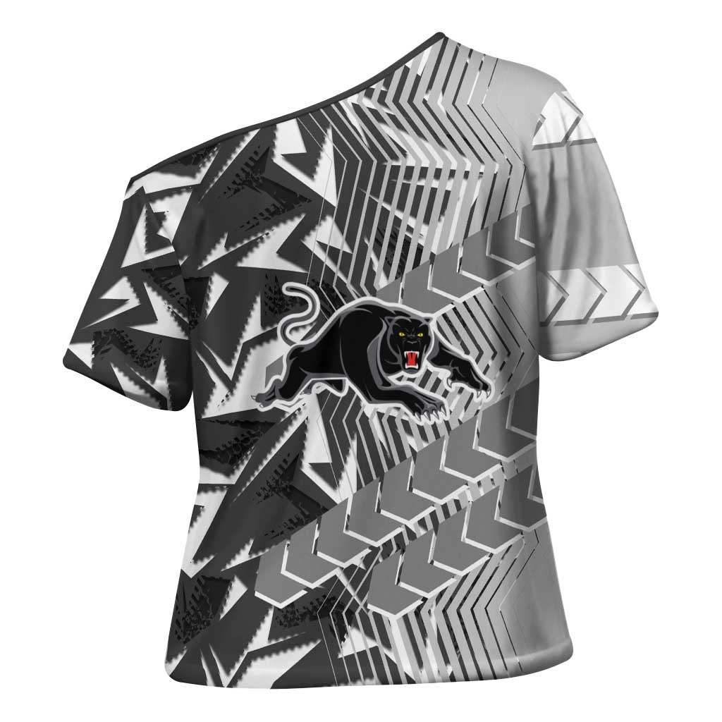 Penrith Panthers Rugby Cross Shoulder Shirt Fierce Mascot Geometric Tribal Art