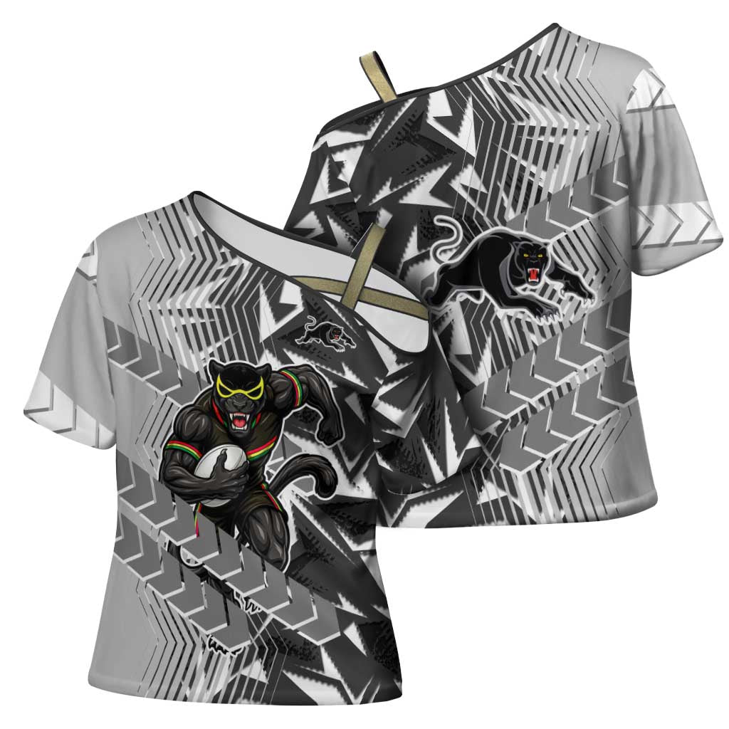 Penrith Panthers Rugby Cross Shoulder Shirt Fierce Mascot Geometric Tribal Art