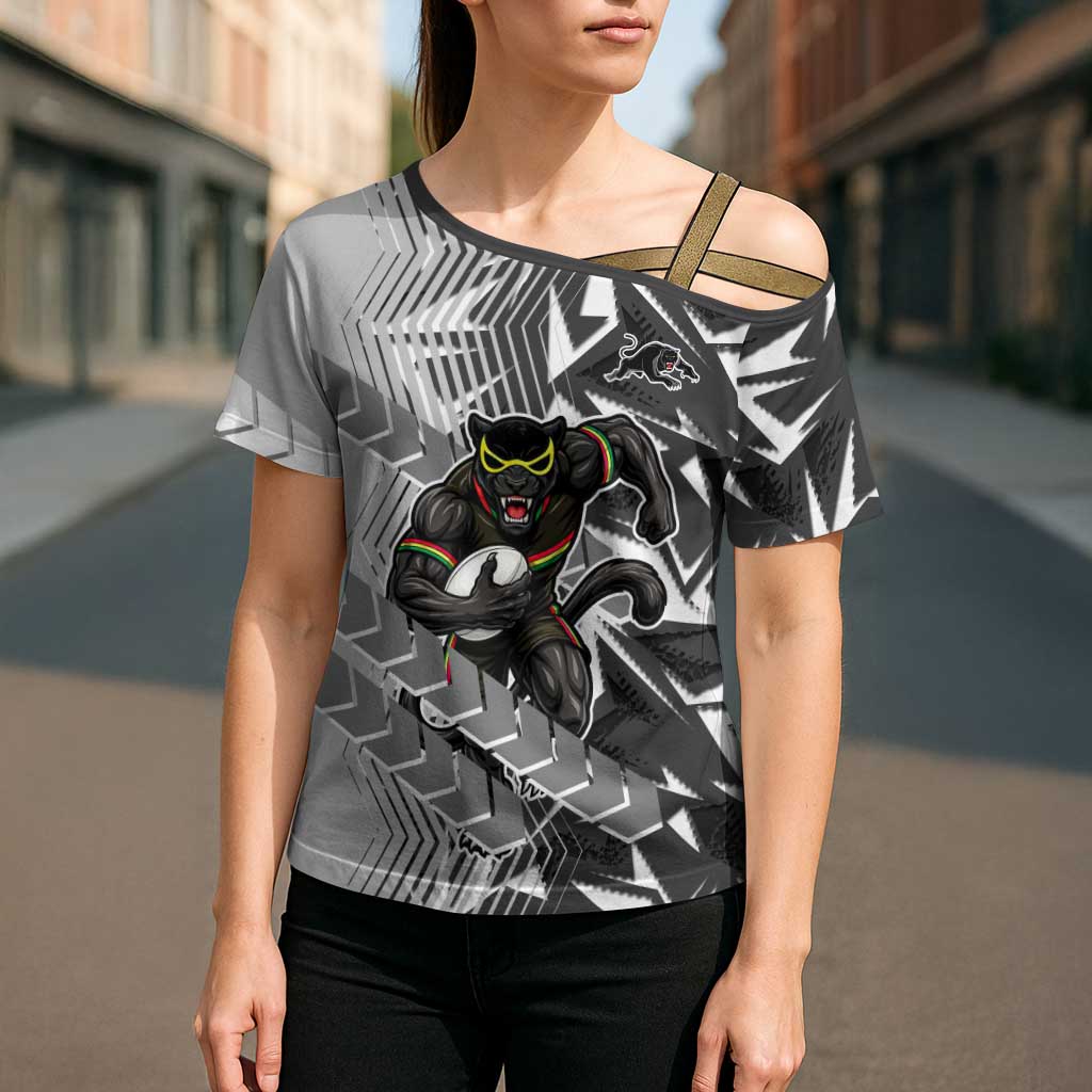 Penrith Panthers Rugby Cross Shoulder Shirt Fierce Mascot Geometric Tribal Art