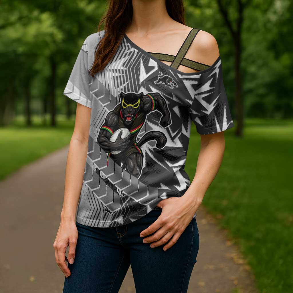 Penrith Panthers Rugby Cross Shoulder Shirt Fierce Mascot Geometric Tribal Art
