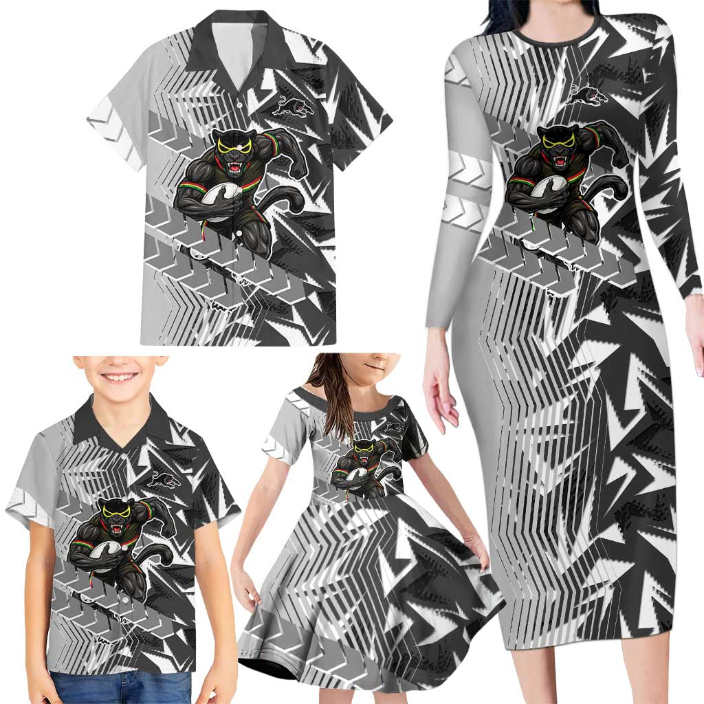 Penrith Panthers Rugby Family Matching Long Sleeve Bodycon Dress and Hawaiian Shirt Fierce Mascot Geometric Tribal Art