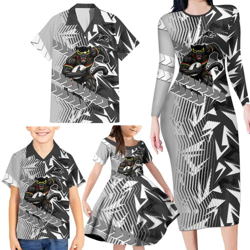 Penrith Panthers Rugby Family Matching Long Sleeve Bodycon Dress and Hawaiian Shirt Fierce Mascot Geometric Tribal Art