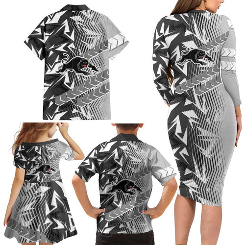 Penrith Panthers Rugby Family Matching Long Sleeve Bodycon Dress and Hawaiian Shirt Fierce Mascot Geometric Tribal Art