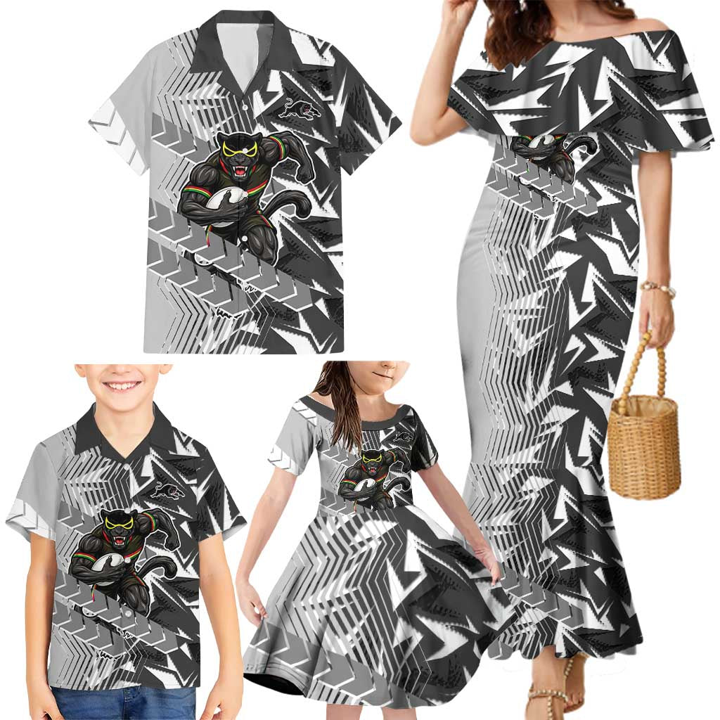 Penrith Panthers Rugby Family Matching Mermaid Dress and Hawaiian Shirt Fierce Mascot Geometric Tribal Art