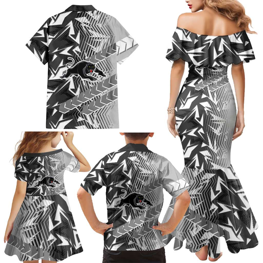 Penrith Panthers Rugby Family Matching Mermaid Dress and Hawaiian Shirt Fierce Mascot Geometric Tribal Art