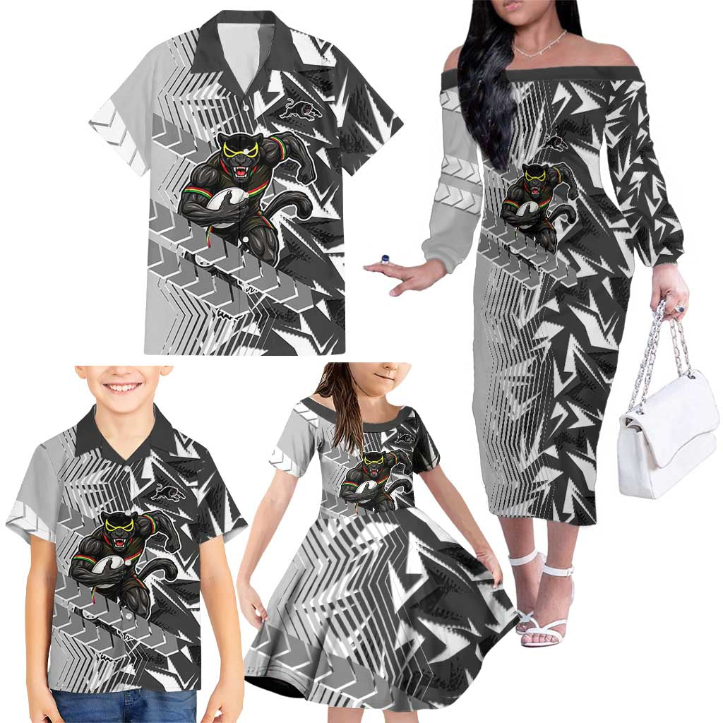 Penrith Panthers Rugby Family Matching Off The Shoulder Long Sleeve Dress and Hawaiian Shirt Fierce Mascot Geometric Tribal Art