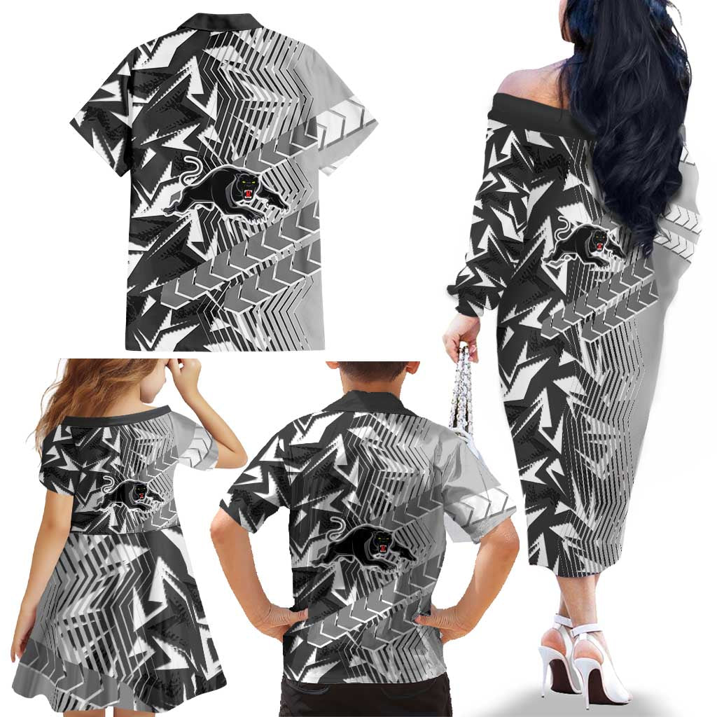 Penrith Panthers Rugby Family Matching Off The Shoulder Long Sleeve Dress and Hawaiian Shirt Fierce Mascot Geometric Tribal Art