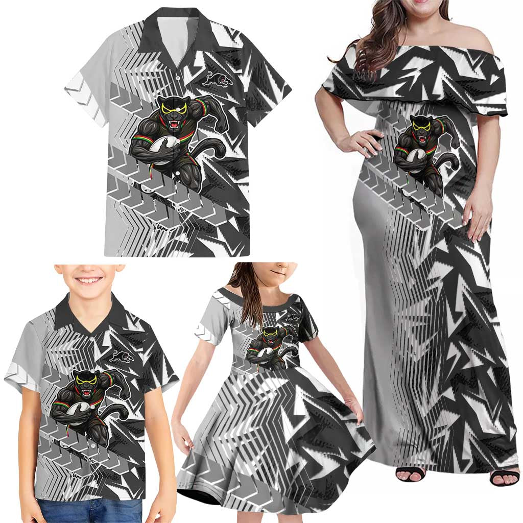 Penrith Panthers Rugby Family Matching Off Shoulder Maxi Dress and Hawaiian Shirt Fierce Mascot Geometric Tribal Art