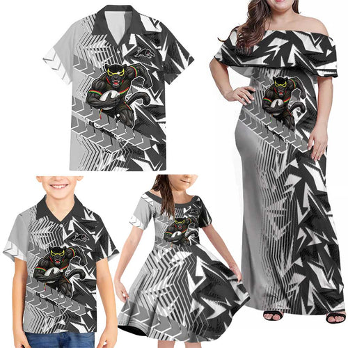 Penrith Panthers Rugby Family Matching Off Shoulder Maxi Dress and Hawaiian Shirt Fierce Mascot Geometric Tribal Art