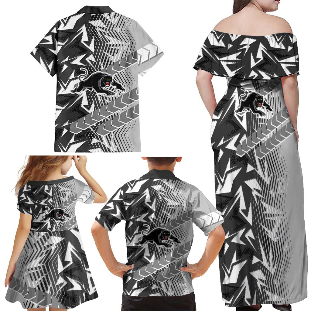 Penrith Panthers Rugby Family Matching Off Shoulder Maxi Dress and Hawaiian Shirt Fierce Mascot Geometric Tribal Art