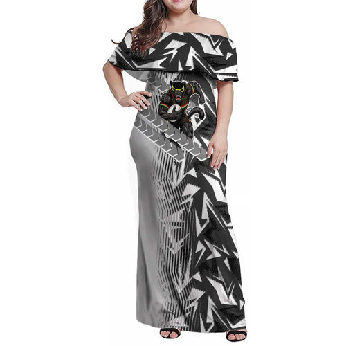 Penrith Panthers Rugby Family Matching Off Shoulder Maxi Dress and Hawaiian Shirt Fierce Mascot Geometric Tribal Art