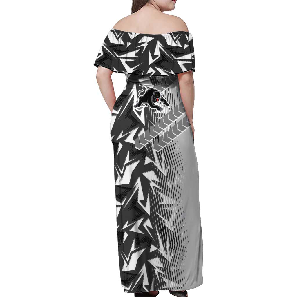 Penrith Panthers Rugby Family Matching Off Shoulder Maxi Dress and Hawaiian Shirt Fierce Mascot Geometric Tribal Art