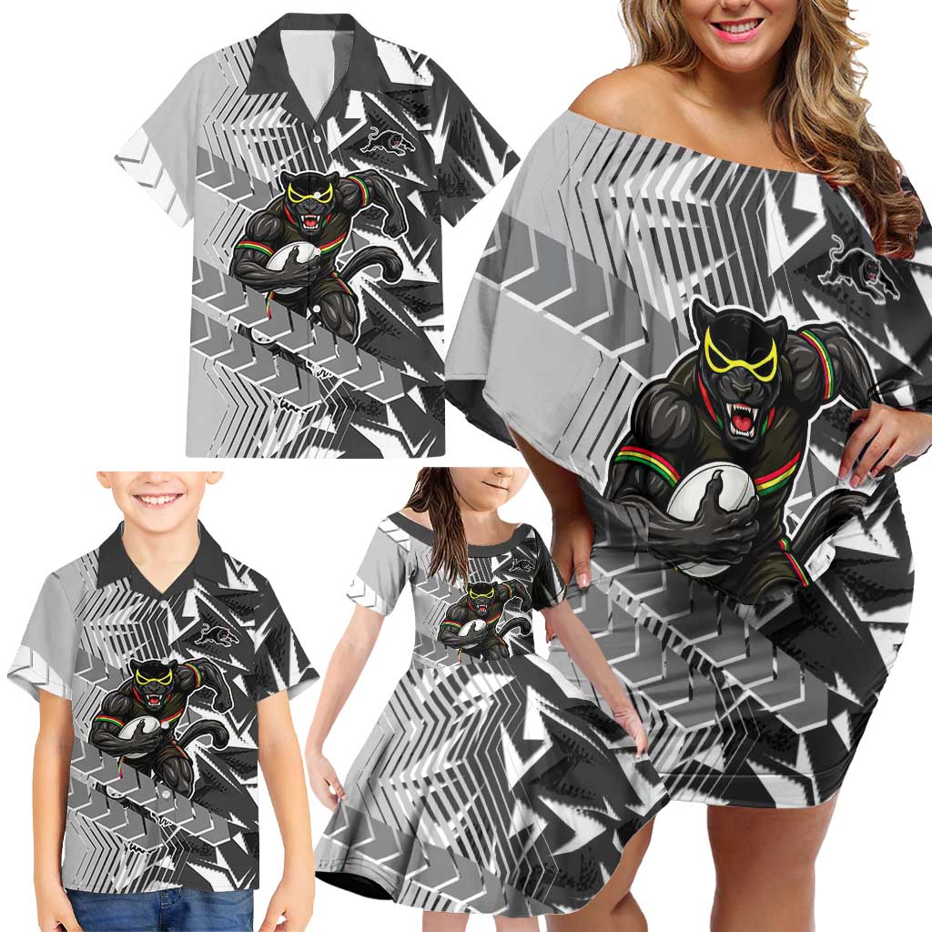 Penrith Panthers Rugby Family Matching Off Shoulder Short Dress and Hawaiian Shirt Fierce Mascot Geometric Tribal Art