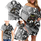 Penrith Panthers Rugby Family Matching Off Shoulder Short Dress and Hawaiian Shirt Fierce Mascot Geometric Tribal Art