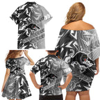 Penrith Panthers Rugby Family Matching Off Shoulder Short Dress and Hawaiian Shirt Fierce Mascot Geometric Tribal Art