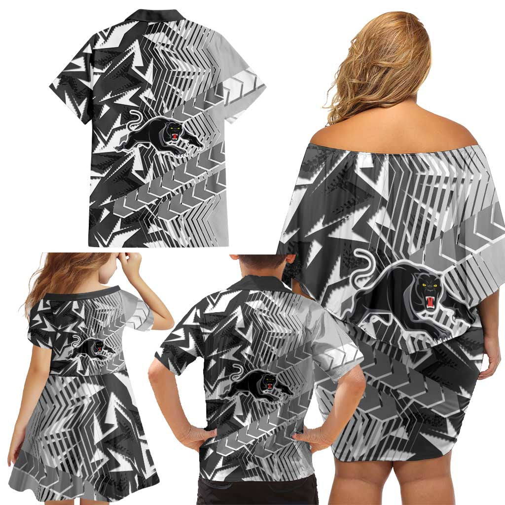 Penrith Panthers Rugby Family Matching Off Shoulder Short Dress and Hawaiian Shirt Fierce Mascot Geometric Tribal Art