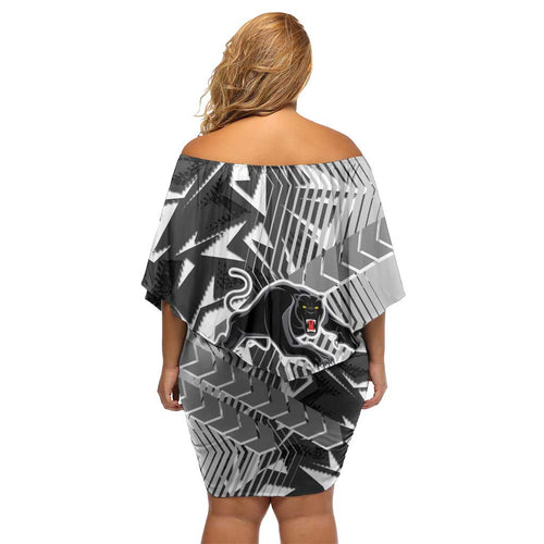 Penrith Panthers Rugby Family Matching Off Shoulder Short Dress and Hawaiian Shirt Fierce Mascot Geometric Tribal Art