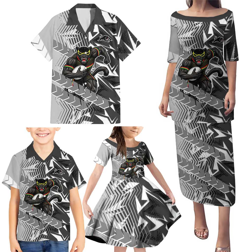 Penrith Panthers Rugby Family Matching Puletasi and Hawaiian Shirt Fierce Mascot Geometric Tribal Art