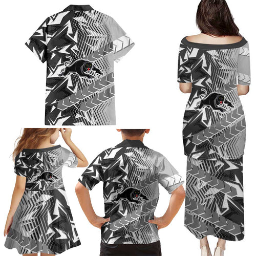 Penrith Panthers Rugby Family Matching Puletasi and Hawaiian Shirt Fierce Mascot Geometric Tribal Art