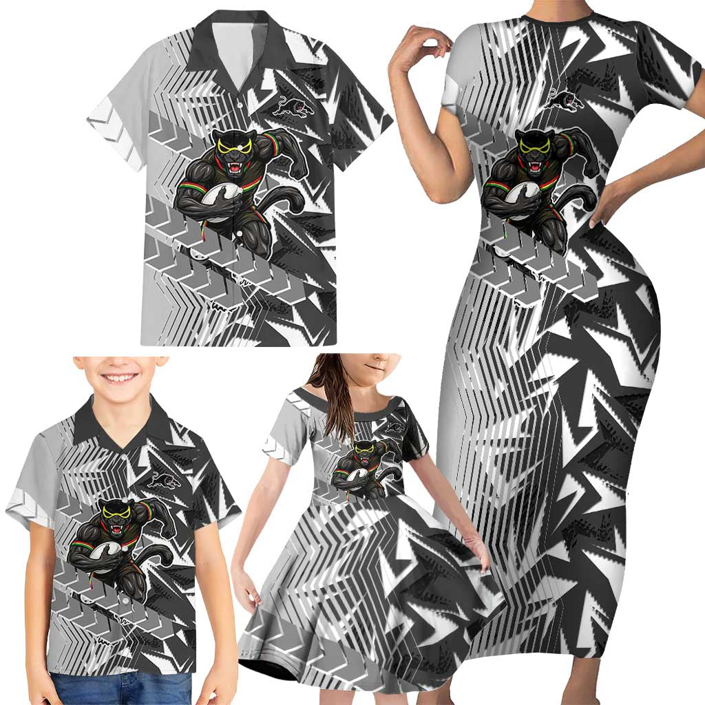 Penrith Panthers Rugby Family Matching Short Sleeve Bodycon Dress and Hawaiian Shirt Fierce Mascot Geometric Tribal Art