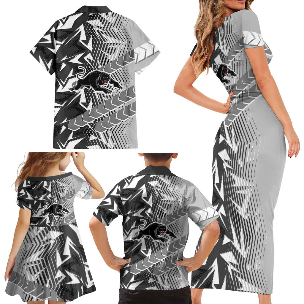 Penrith Panthers Rugby Family Matching Short Sleeve Bodycon Dress and Hawaiian Shirt Fierce Mascot Geometric Tribal Art