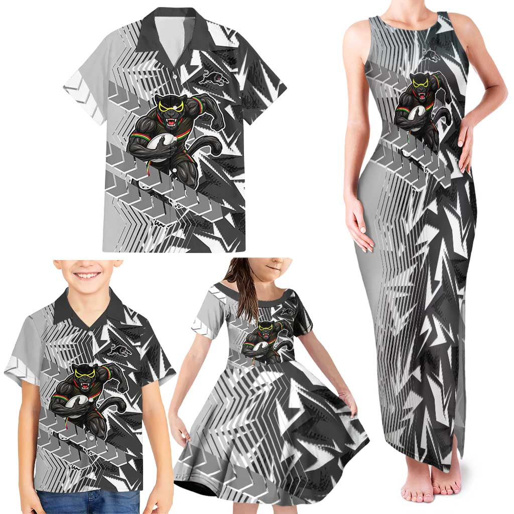 Penrith Panthers Rugby Family Matching Tank Maxi Dress and Hawaiian Shirt Fierce Mascot Geometric Tribal Art