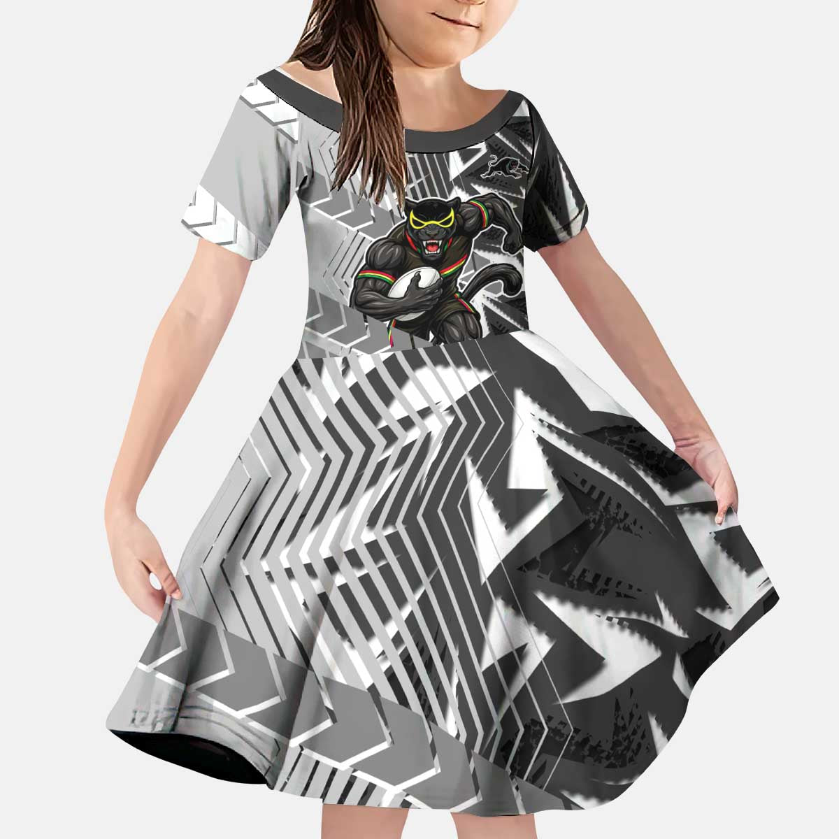 Penrith Panthers Rugby Kid Short Sleeve Dress Fierce Mascot Geometric Tribal Art