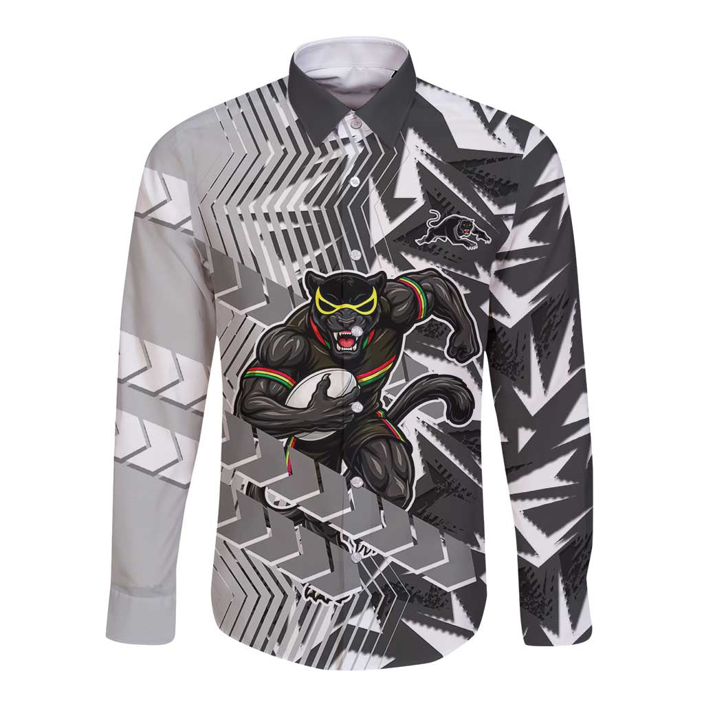 Penrith Panthers Rugby Long Sleeve Button Shirt Fierce Mascot Geometric Tribal Art